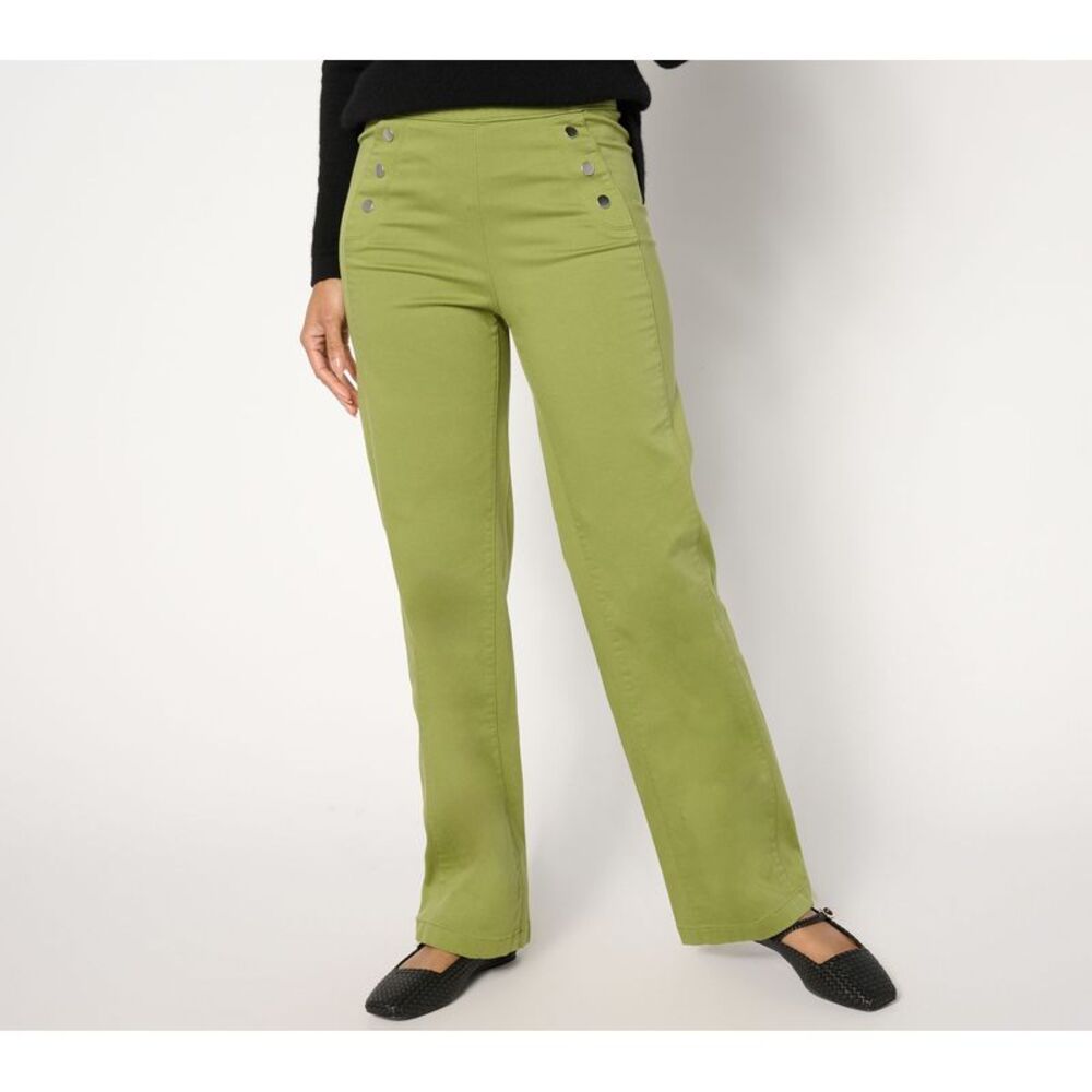 Susan Graver Women's Petite Pants 20P Trouser Twill Pant Button Green A656897